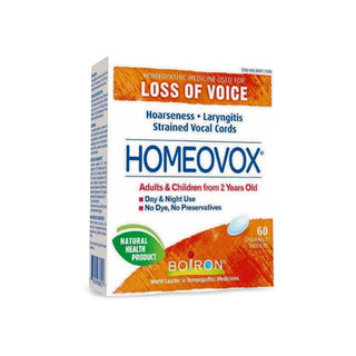 Boiron Homeovox 60 chewable tablets for voice loss relief, hoarseness, and laryngitis treatment - Homeopathic medicine available at Win in Health - Gagné en Santé